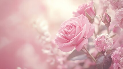 Fototapeta premium Pink rose blooms softly in blurred floral background, soft-focus