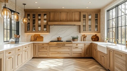 Modern farmhouse kitchen with light brown cabinets, white quartz countertops, and herringbone floors.