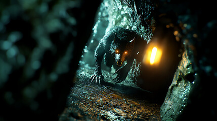 A scary looking dog is in a dark cave with a lantern