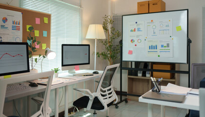 Fototapeta premium Modern style desk in office workspace with documents, documentation, desktop PC, presentation board, presentation, calculator and various items for work.
