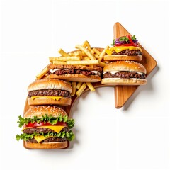 right arrow of fast food, food, hamburger, cheeseburger, French fries, sandwich, on a wooden board, banner for signs on the highway to the restaurant isolated on white