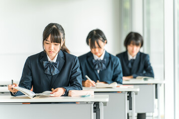 Obraz premium 学校の教室で真剣に授業を受ける制服姿の小学生・中学生・高校生・女子高生（友達） 