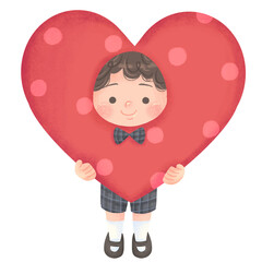 Illustration of Boy with Dark Brown Hair wearing a big Heart costume. perfect for Pattern Design, social media, product or merch design for Valentines day