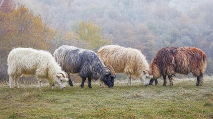 Four Sheep Grazing on a Misty Hillside in Autumn Four fluffy sheep peacefully graze on a grassy hill, autumnal trees softly blurred in the background, a misty atmosphere evokes tranquility