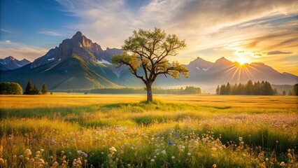 Serene Sunrise Over a Meadow with Solitary Tree and Majestic Mountains