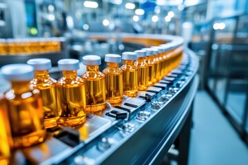 Pharma sector Factory conveyor system with glass ampoule bottles Background concept of pharmaceuticals
