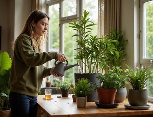 Person watering an indoor plant in a cozy home setting