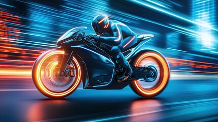 Futuristic Motorcyclist Speeding Through a Neon-Lit City at Night