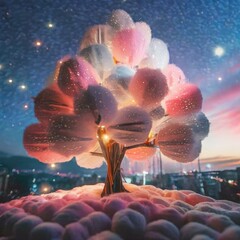 멋지고 알록달록한 저녁 하늘과 별들, 커다란 나무 주변 둥근 네온 장식 일러스트