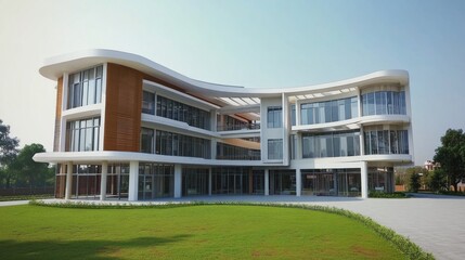 Modern, curved glass and wood office building with landscaped lawn.