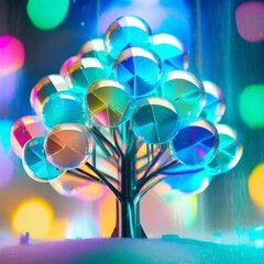 멋지고 알록달록한 네온 배경, 커다란 나무 주변 둥근 네온 장식 일러스트 
