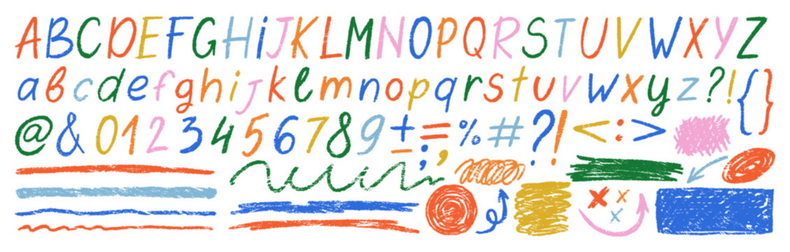 Grunge charcoal scribble stripes, freehand numbers, emphasis arrows, hand-drawn doodle squiggles with crayon or chalk texture. Colorful vector illustration.
