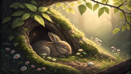 A baby rabbit sleeping in a hollow tree in a green forest.
