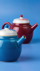 A Collection of Charming Teapots Displayed in Rich, Beautiful Colors on a Purple Background