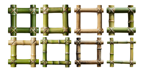 collection of bamboo frames in various sizes and shades, isolated on a transparent background, ideal for eco-friendly decor, crafts, and natural-themed projects.