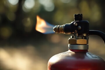 Propane canister in sharp focus with a blurred blowtorch nozzle behind it