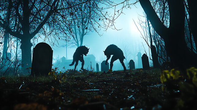 Two wolves are fighting in a graveyard