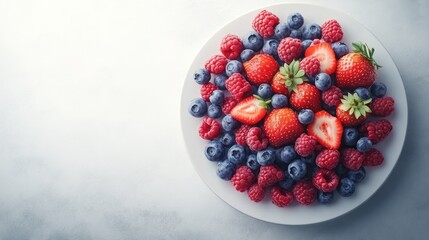 A plate of fresh strawberries, raspberries, and blueberries.