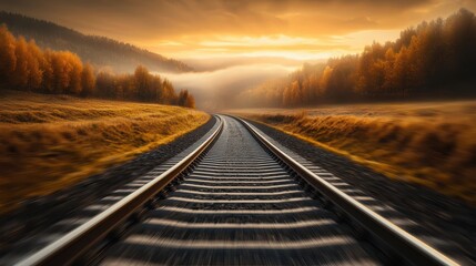 Fototapeta premium Curved railway tracks surrounded by autumn foliage and misty fields illuminated by golden sunlight