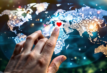 A hand touching a smartphone screen, with a world map in the background and a red heart icon indicating a notification or like