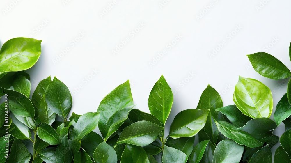 Poster A white background with light green leaves at the bottom edge, creating an elegant and refreshing design