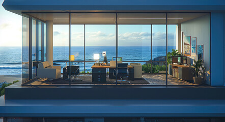 Front view of a office, a startup company working area, a small company by the ocean. outside.