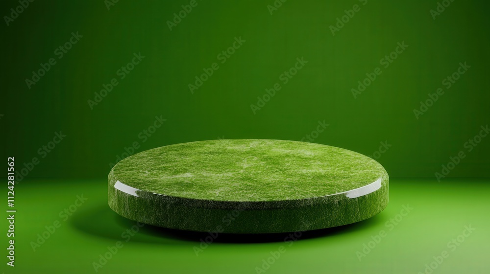 Poster a green podium for product presentation, with a green background and a simple, round design. with an