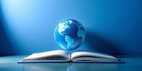 A global perspective An open book with a miniature globe floating above it, symbolizing worldwide knowledge and learning.