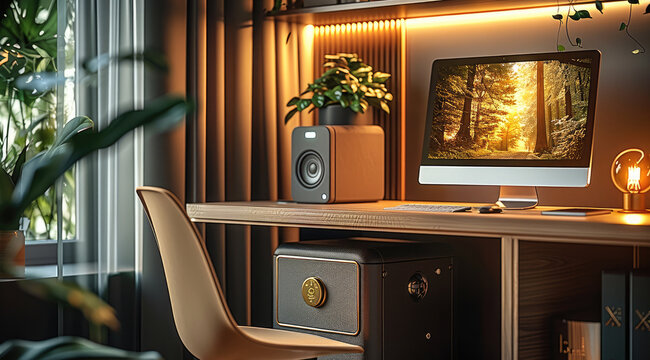 A modern home office setup with the safe placed beside a stylish desk, soft lighting and earthy tones enhancing the feeling of trust and reliability.