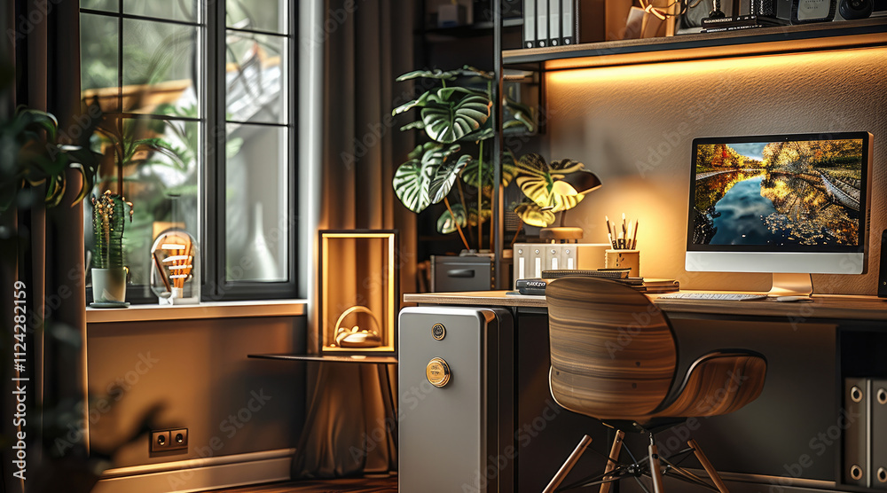 Aufkleber a modern home office setup with the safe placed beside a stylish desk, soft lighting and earthy tone