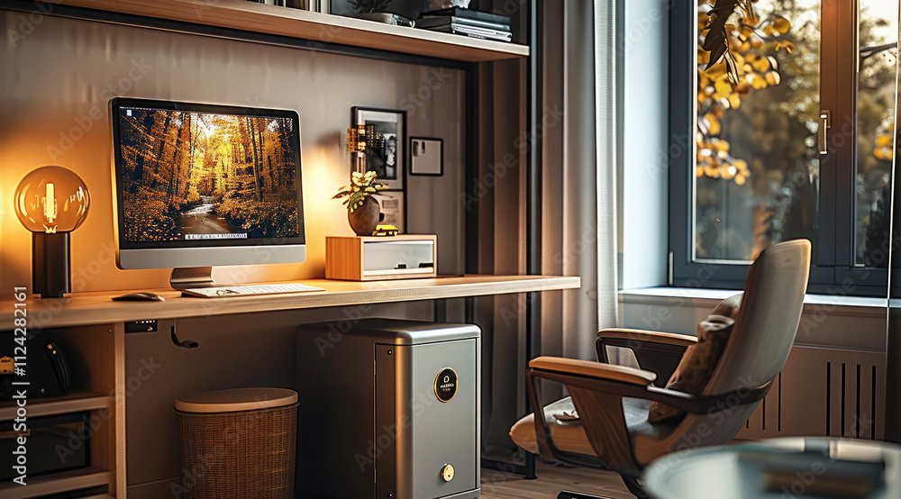 Aufkleber a modern home office setup with the safe placed beside a stylish desk, soft lighting and earthy tone