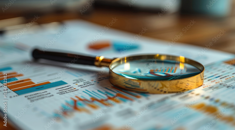 Poster business documents with colorful charts and graphs being examined through a magnifying glass.