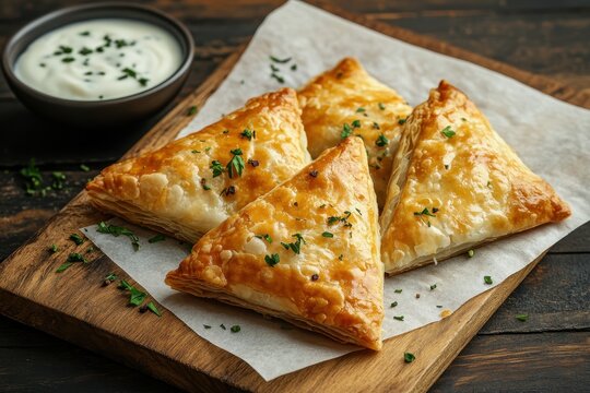 Savory Greek cheese filled triangle pastries with yogurt sauce presented on baking paper atop a wooden board