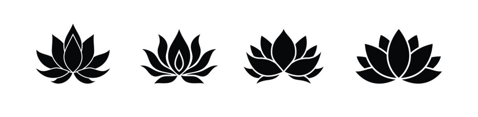 Lotus flower silhouette logo. Set black lotus symbol isolated on white background. Lotus vector icon, sign yoga and meditation for spa salon