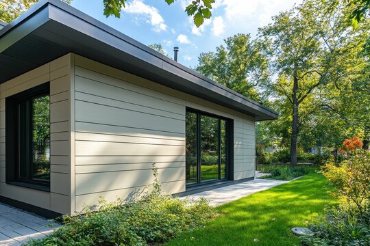 Section of the house s wall clad in Cerber fiber cement panels