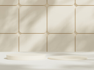 Abstract studio room with realistic white cylinder pedestal podium set and leaf shadow overlay....