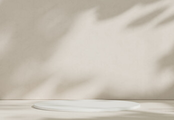 Abstract studio room with realistic white cylinder pedestal podium set and leaf shadow overlay....