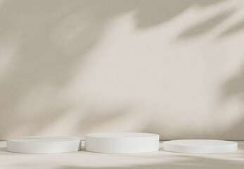 Abstract studio room with realistic white cylinder pedestal podium set and leaf shadow overlay. Minimal scene for product display presentation. geometric platform stage for showcase