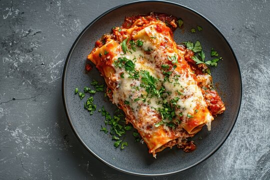 Serving of meat filled cannelloni in tomato sauce and cheese on a gray plate against a gray backdrop