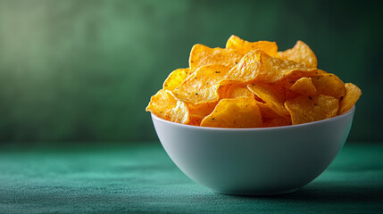 Vegetable chips in white bowl on green soft background