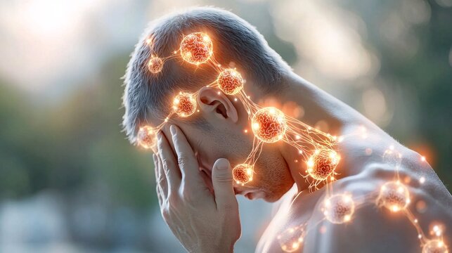 Health warning symptom concept. A man with a pained expression, surrounded by glowing particles representing stress or energy.