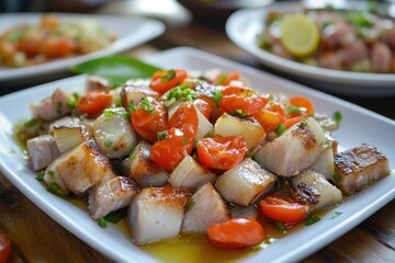 Sinuglaw grilled pork belly and fish ceviche in coconut milk with tomatoes onions and calamansi