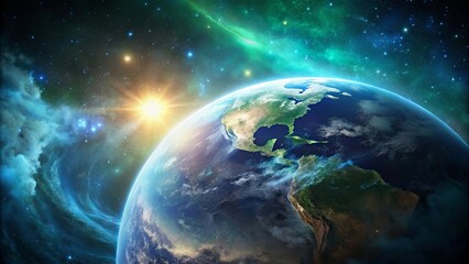 Fototapeta premium A Stunning View of Planet Earth From Space, Illuminated by a Radiant Sun and Enveloped by Cosmic Nebulae