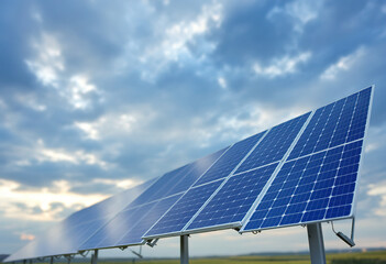 Blue solar panels against a cloudy sky, with the horizon visible in the background