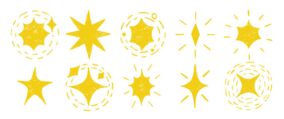Crayon stars and glowing symbols in sketch style. Grunge comic figure on a white background. Yellow vector illustration on a white background.