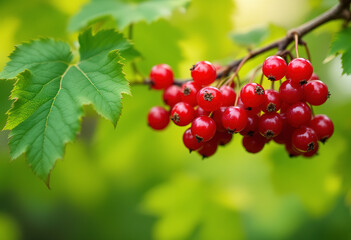 Bunch of ripe red currants on a branch with green leaves
