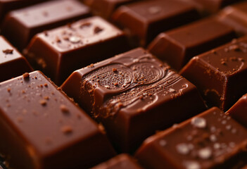 Milk chocolate bars, close-up view showing the smooth, glossy surface and rich brown color of the chocolate