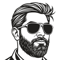 A monochrome vector illustration of a bearded man wearing sunglasses with a stylish mustache
