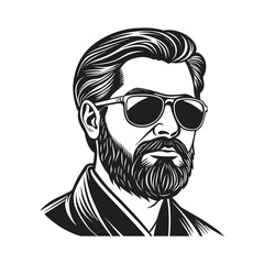 Fototapeta premium A monochrome vector illustration of a bearded man wearing sunglasses with a stylish mustache