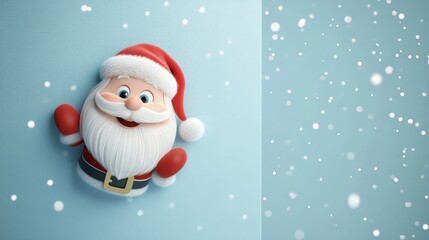 Santa peeking playfully snowy winter background